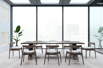 Bright conference room interior with panoramic windows and city view. 3D Rendering.