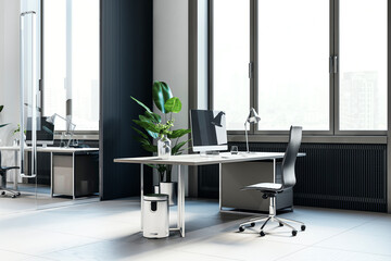 Clean designer coworking office interior with panoramic windows and city view. 3D Rendering.