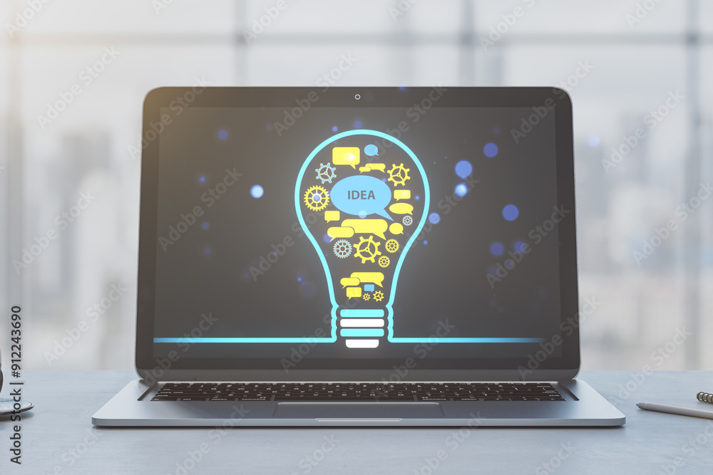 Poster Close up of laptop with creative digital lamp hologram on blurry window city view background. Innovation, idea and insight concept. 3D Rendering.