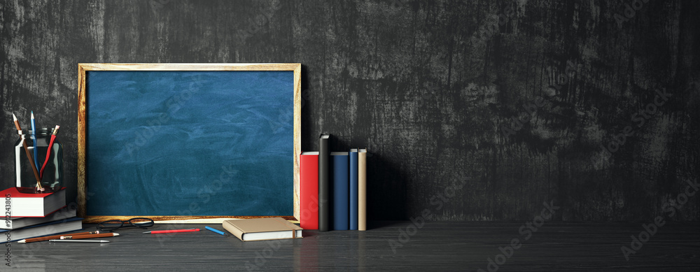 Poster creative educational supplies and empty blue blackboard on wide background with mock up place. back 