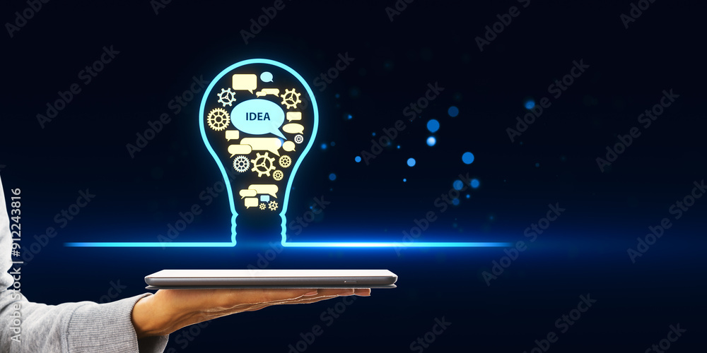 Poster close up of female hands holding smartphone with creative digital gears light bulb hologram on blurr