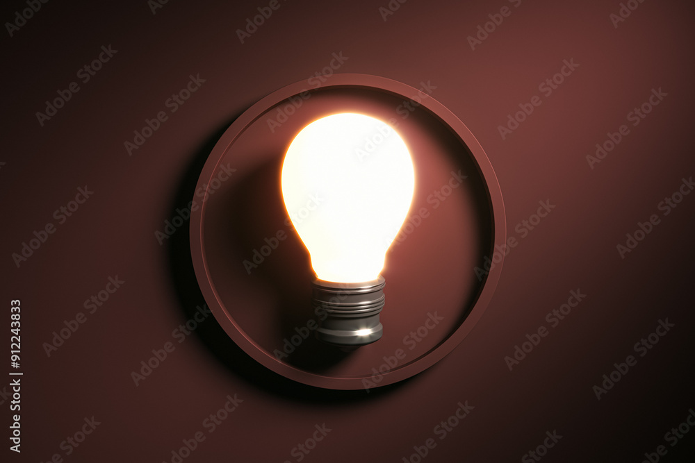 Poster Glowing lamp on creative dark brown background. Solution and innovation concept. 3D Rendering.