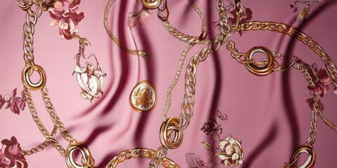 Pink silk scarf equestrian chain print gold baroque satin