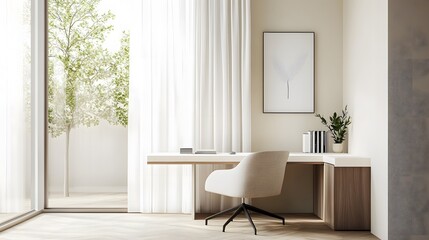 Fototapeta premium Calm home office with a minimalist desk, a comfortable chair, and a large window with sheer curtains allowing soft light, set against light-colored walls and simple decor, modern and serene style,