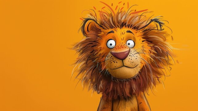 Playful doodle art cartoon of a lovable lion character with vibrant orange fur expressive facial features and a playful whimsical aesthetic  The lion has a cheerful friendly expression