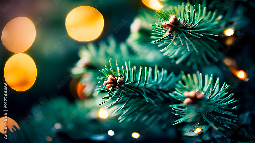 Poster christmas tree with lights and bokeh in the background. christmas background