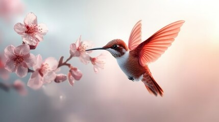 Fototapeta premium Hummingbird Hovering Near Pink Cherry Blossoms