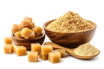 Assorted jaggery products, including cubes and powder, on an isolated white background, perfect for health food marketing and natural sweetener product displays
