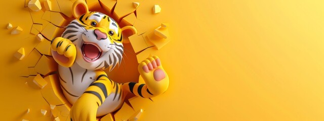 Dynamic Image of a Tiger Bursting or Breaking Through a Yellow Wall. Creative Design Banner with Blank Copyspace for Custom Advertising and Messaging