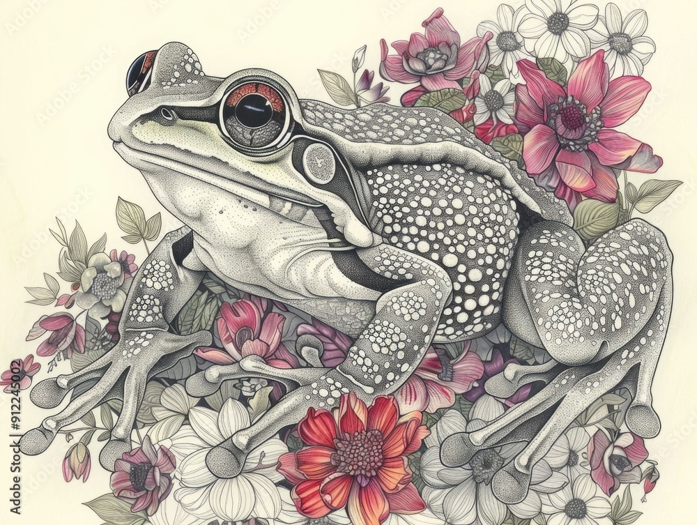 Poster adorable frog surrounded by a vibrant array of floral doodle art design with charming intricate deta