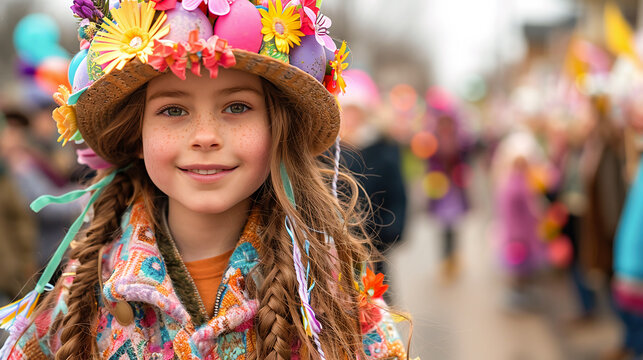 Easter parade with people dressed in bunny costumes. Participants adorned in festive vivid costumes and decorated hats