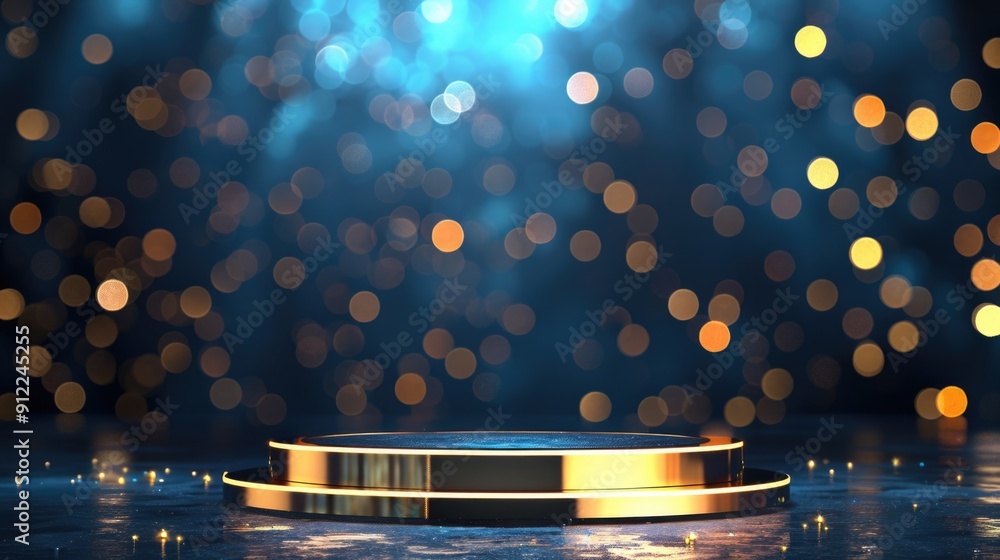 Aufkleber a gold pedestal sits atop a shiny surface, illuminated by soft lights in the background