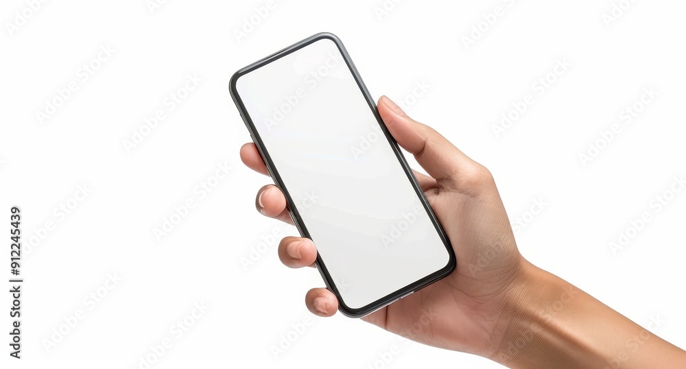 Poster hand holding a smartphone with blank screen
