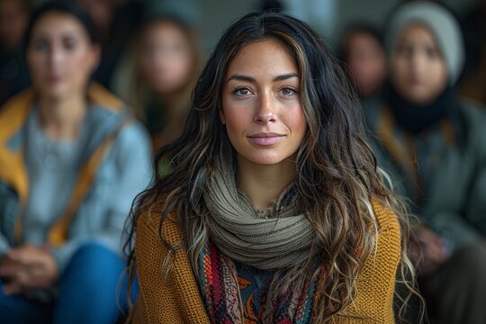 A group therapy session where individuals of diverse backgrounds share their experiences, with a compassionate therapist facilitating the discussion in a cozy - Powered by Adobe