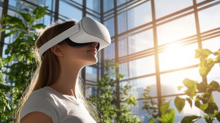 Woman Using VR Headset in Modern Space