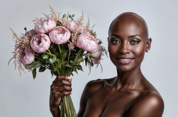 Beautiful bald woman holding a bouquet of pink flowers
