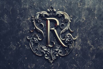 A metal plaque featuring the engraved letter R