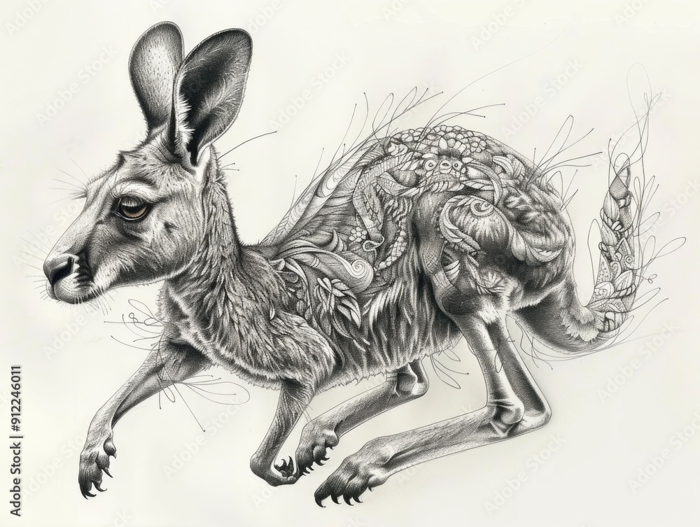 Poster whimsical and energetic ink sketch of a bouncing kangaroo doodle in a stylized decorative pattern wi