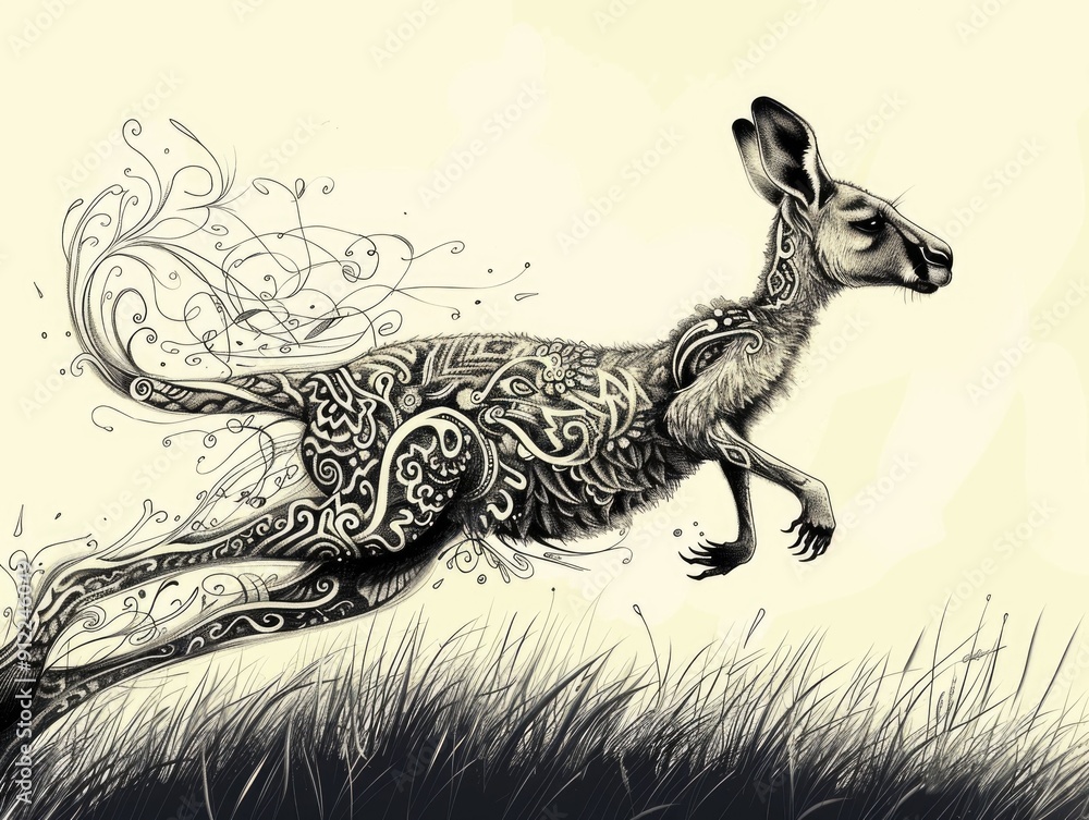 Poster whimsical and energetic doodle of a kangaroo bouncing through a stylized grassland backdrop depictin