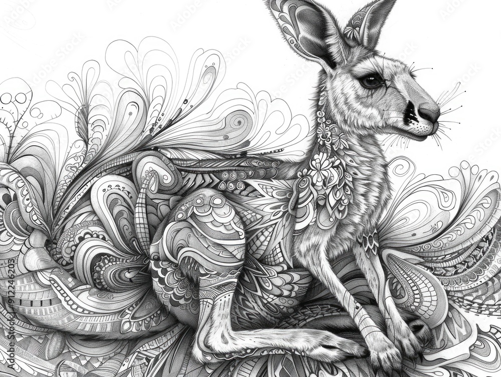Poster whimsical and imaginative doodle art depicting a bouncing kangaroo in a surreal ethereal landscape f