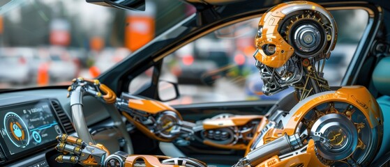 Obraz premium Futuristic robot driving a modern car, showcasing advanced AI and autonomous vehicle technology in a busy urban environment.