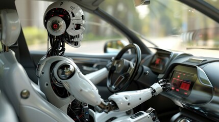 Futuristic robot operating a car. Concept of autonomous driving and AI technology in vehicles.
