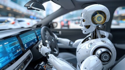 Fototapeta premium Robot driving a car autonomously in an urban environment, showcasing advanced AI technology and futuristic transportation.
