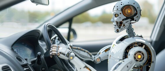 Fototapeta premium Robotic driver operating a car autonomously on a sunny day, demonstrating advanced AI in automotive technology.