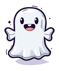 Ghost hand drawn boo illustration vector, Cartoon Halloween ghost, Cute ghost Halloween theme flat vector illustration