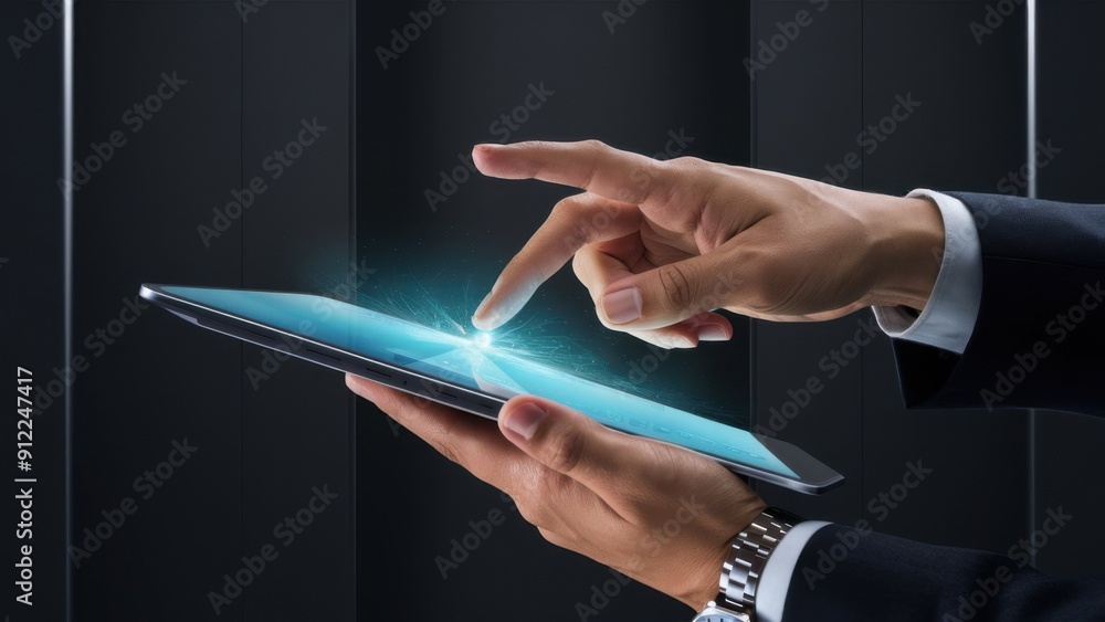Poster this close-up captures a hand pressing a touchscreen with a shimmering fingertip, suggesting advance