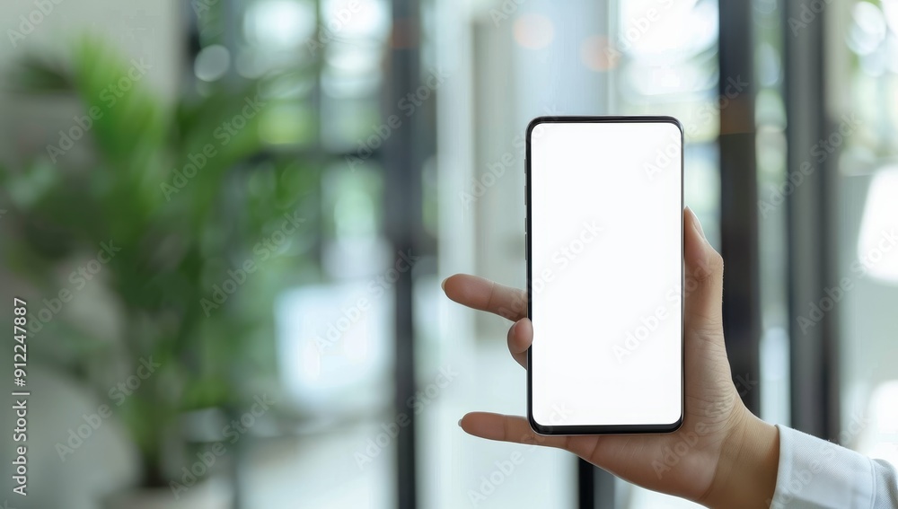 Poster a hand holding a smartphone with a blank screen in a modern setting