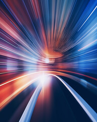 Fast moving car accelerates through blurry tunnel with abstract light speed effect. Create the atmosphere of the city of the future