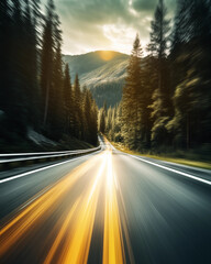 Driving on a blurred road through a sunset-lit forest and mountains, capturing the abstract motion and atmosphere of a nighttime journey