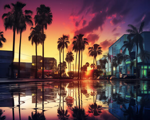 Obraz premium Image of a city decorated with tropical palm trees.