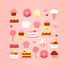 Sweets party set on festive pink background. Desserts, cakes, ice cream and candies. Flat vector food illustration perfect for invitation, greeting card or menu design
