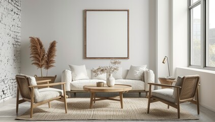 Modern Living Room with White Sofa, Wooden Chairs, and a Blank Canvas