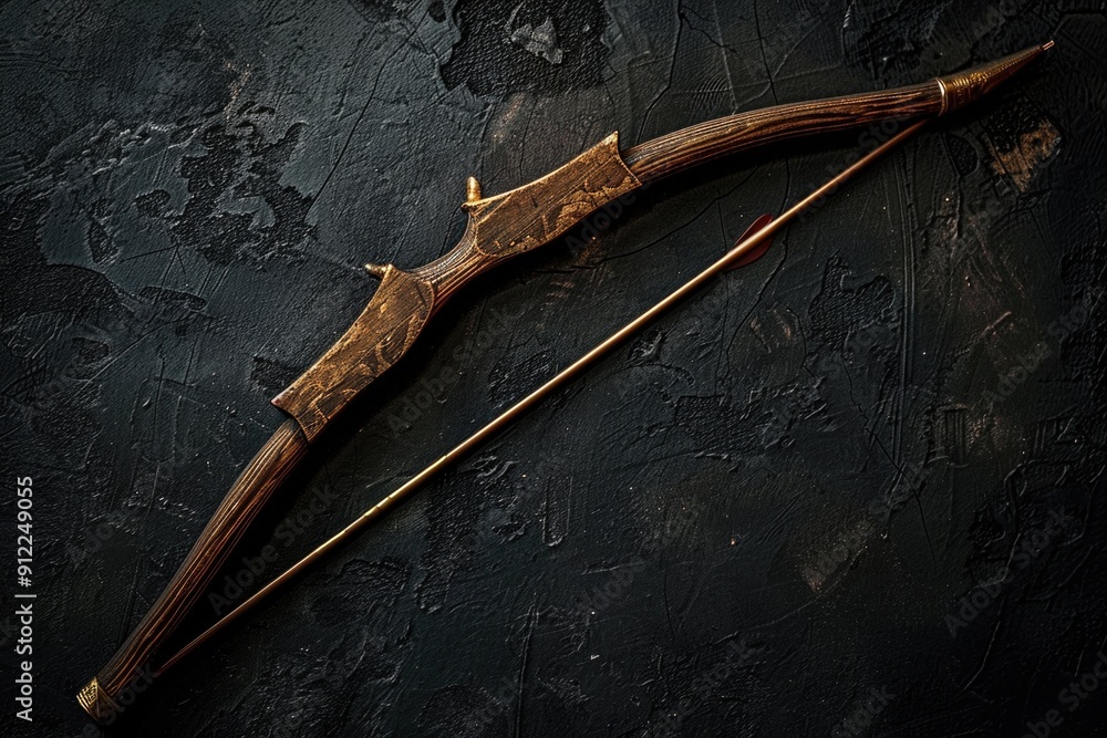Poster a bow and arrow lying on a black surface, ready for use