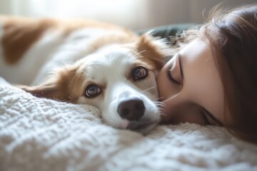 Obraz premium Pet dog snuggling with owner on a cozy bed, heartwarming companionship, tenderness and comfort