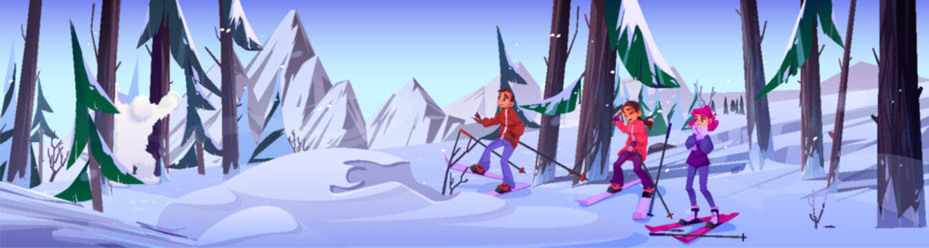 Scared and confused teen kids in ski outfit meet bigfoot in forest on snowy mountain. Cartoon vector illustration of white fur hairy sasquatch walking in woodland on hill. Winter hill landscape.