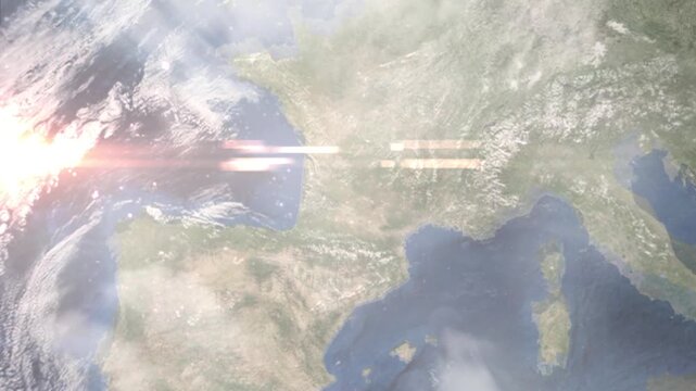 Earth zoom in from space and focus on Villeneuve sur Lot, France. Background for travel intro or blog. Satellite view. 3D style Animation. Images from NASA.