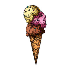 waffle ice cream cone hand drawn. dessert frozen, treat y, flavor summer waffle ice cream cone vector sketch. isolated color illustration