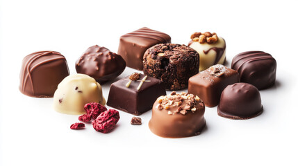 Fototapeta premium Indulge in a luxurious chocolate assortment, with various fillings to satisfy your sweet cravings. This exquisite treat is isolated on a background for your viewing pleasure.