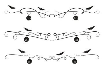 set of Halloween flourish dividers, hand-drawn fancy lines with pumpkins and Bats vine scroll page separator, decorative ornate swirls vintage menu Wedding border holiday design element

