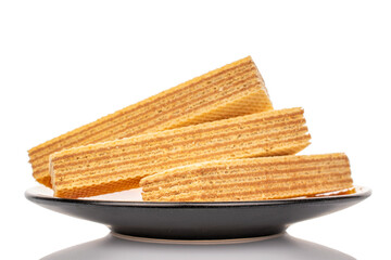 Several vanilla wafers on a ceramic plate, macro, isolated on a white background.