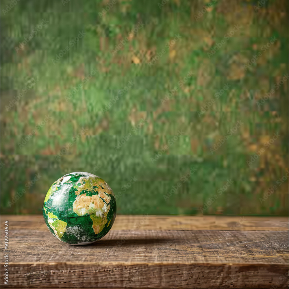 Wall mural globe on wood table background and space for text, eco day, save earth day, job id: b81841d4-e006-40