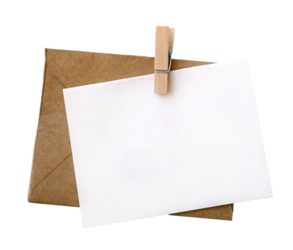 A letter-envelope and a card on a no background, top view. Place for text
