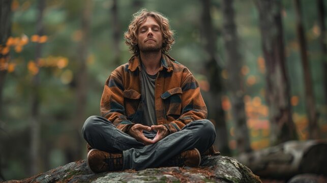 A man practicing mindfulness meditation in a tranquil forest, sitting on a large rock with eyes closed