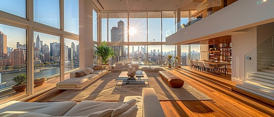 Fototapeta premium A large, open living room with a view of the city