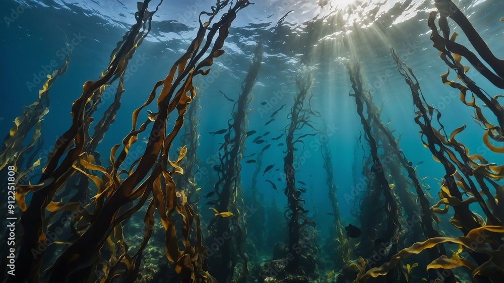 Poster kelp forests swaying with currents deep underwater background backdrop
