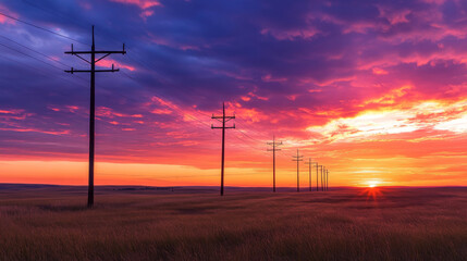 Obraz premium Power lines rise against a colorful sunset, stretching across the wide plains.